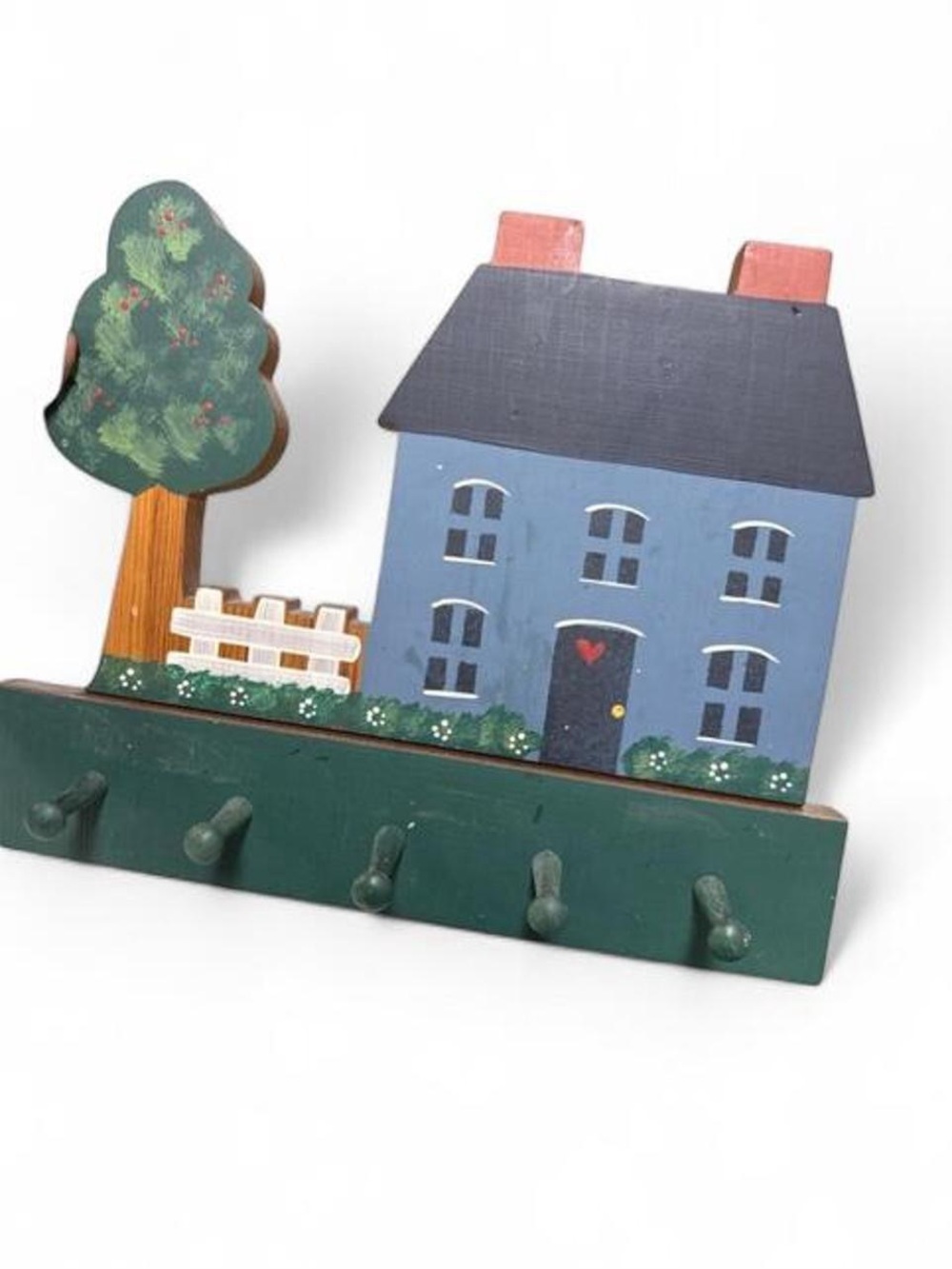 Vintage Hand-Painted Cottagecore Folk Art Key Holder Wall Rack